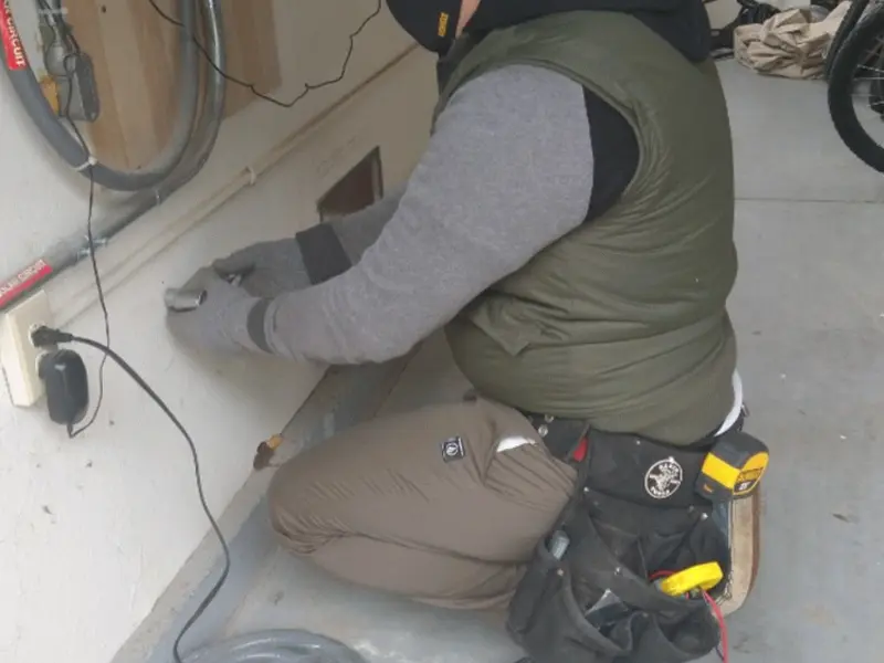 Electrician performing outlet wiring in a Brevard garage